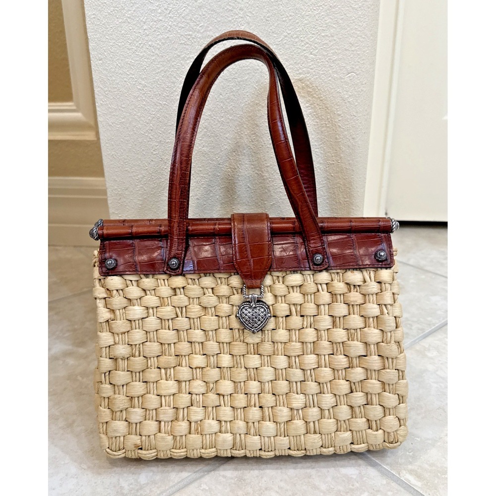 Brighton‎ Vintage Woven Handbag Wicker Straw Purse Leather Trim Shoulder Bag Y2K